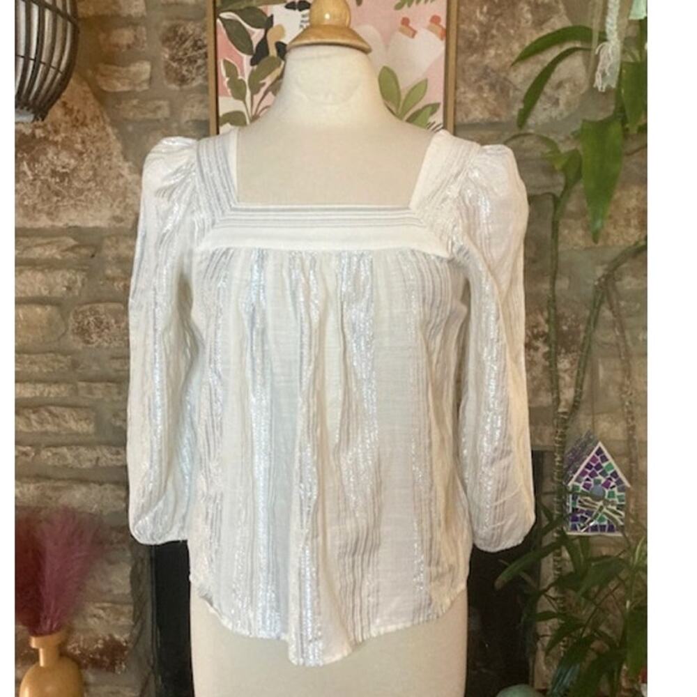 White & Silver Metallic Striped Blouse - Corey Lynn Calter - S